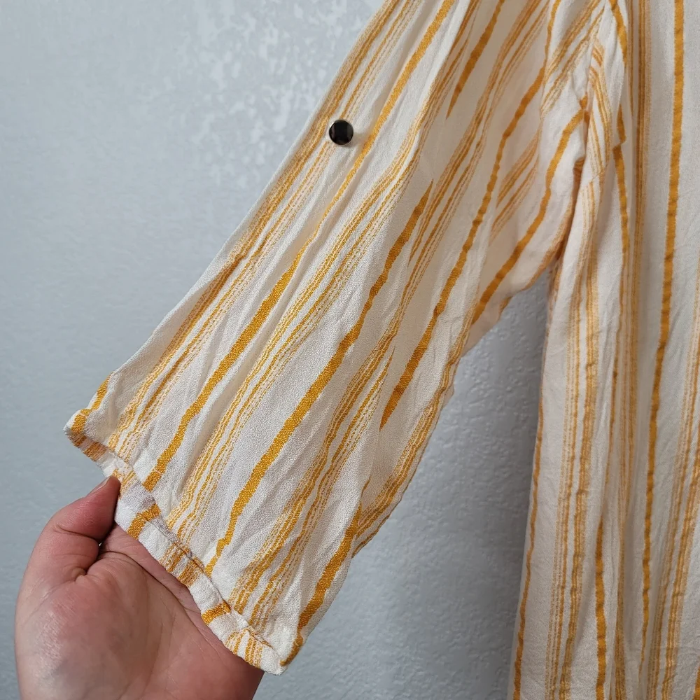 89+Madison 3/4 sleeve button up roll tab yellow stripe crepe collared sh…